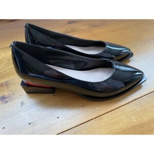 Womens Black Patent Leather Heels Pointed Toe Block Heel Red Accent Modern 10
